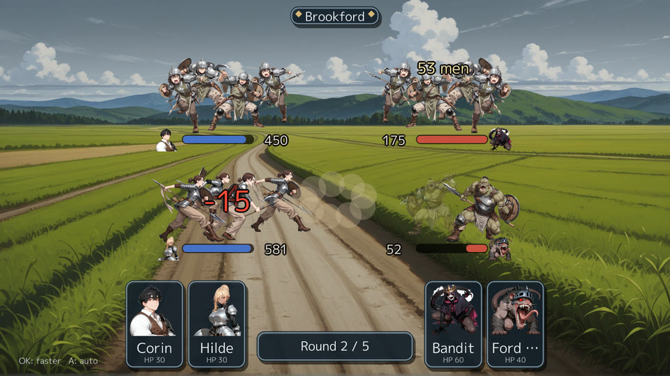 two armies of soldiers lined up on the terrain, with the leaders&rsquo; cards in a row below