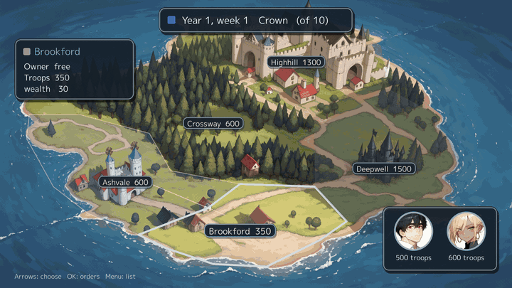 Five Banners, the campaign sample: the war map, the sortie screen, a clash of two armies, and the region in the Crown&rsquo;s colour