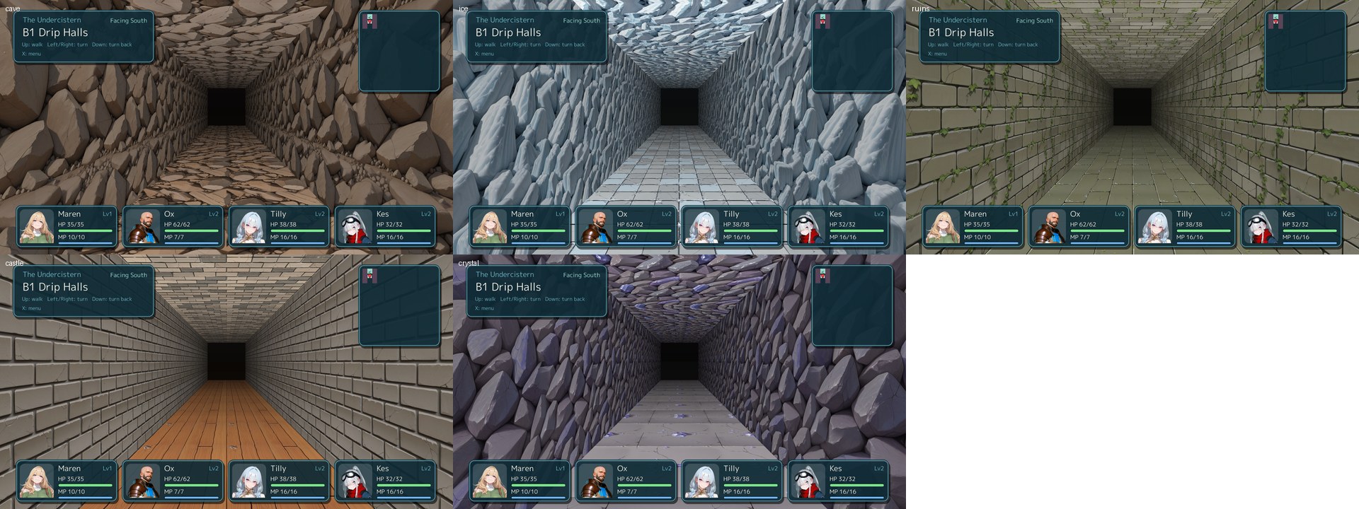 The five dungeon themes seen in one corridor