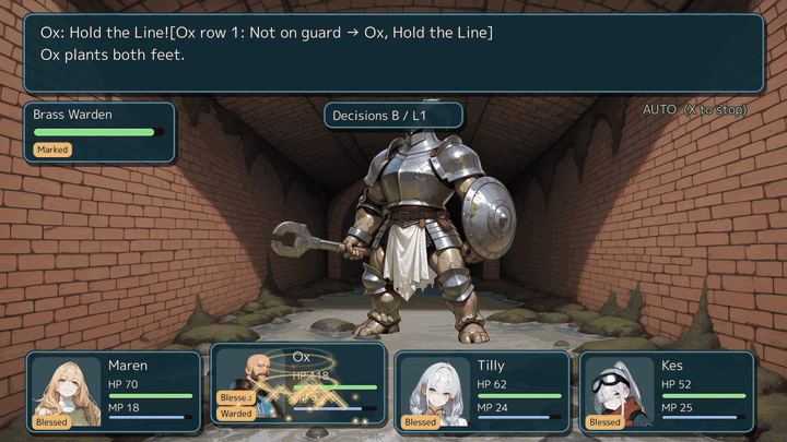 four against the Brass Warden, with damage numbers