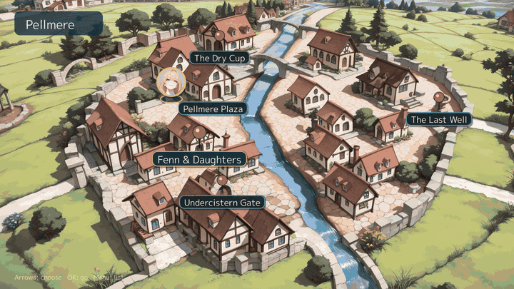 Go Zen, the Gozen sample game: the town map, a dungeon, a battle with a cut-in, and a talk