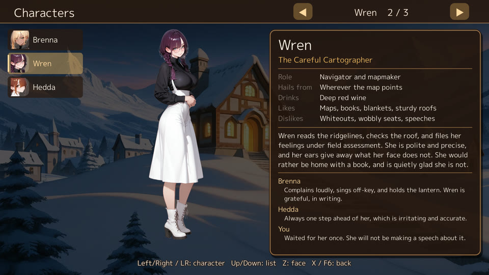 Wren&rsquo;s page in the character book: her picture, fields, introduction and how she sees the others