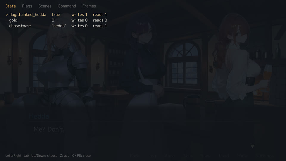 flag.thanked_hedda and chose.toast in the development panel