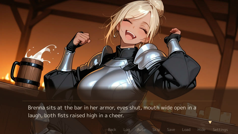 Brenna&rsquo;s ending: a picture of her cheering at the bar, with the line under it
