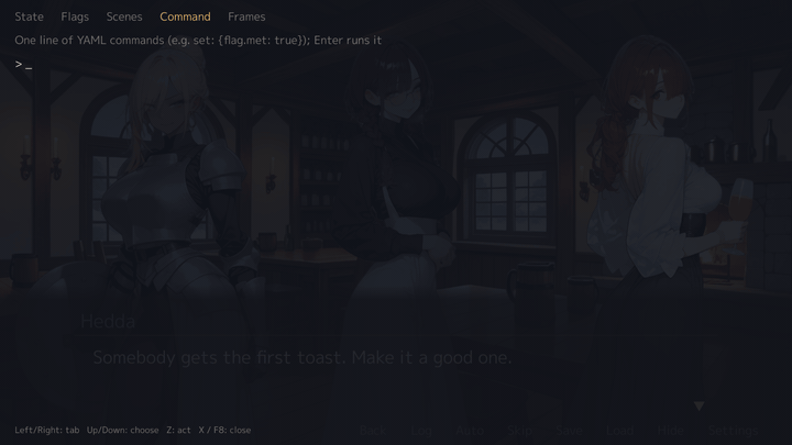 a set typed into the Command tab, then the State tab shows the flag